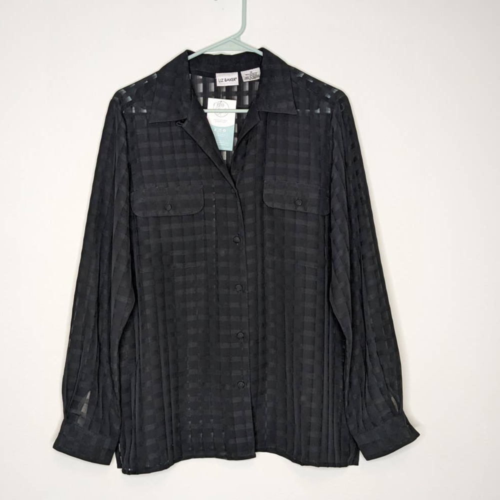 90's Liz Baker Sheer Blouse Button Down Checkered Long Sleeve Size 10